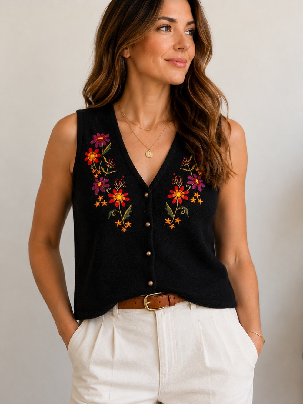 Classic Elements Black Sleeveless Embroidered V-Neck Tank
